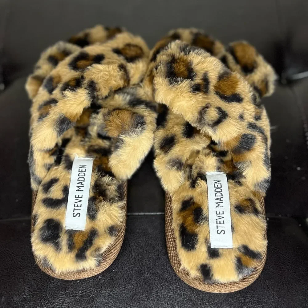 Steve Madden Fur Slippers Women Leopard Print Criss Cross Slippers Sandals Sz 7 - Picture 8 of 11